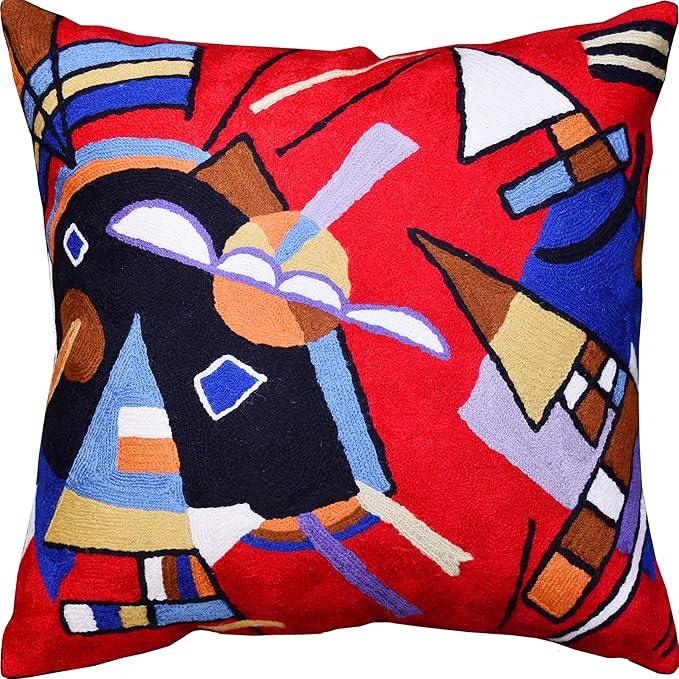 Kandinsky Contemporary Throw Pillow Cover - Bright | Red Modern Pillow Cases | Abstract Accent Pillows | Contemporary Couch Cushions | Hand Embroidered Cushion | Wool Size 18x18