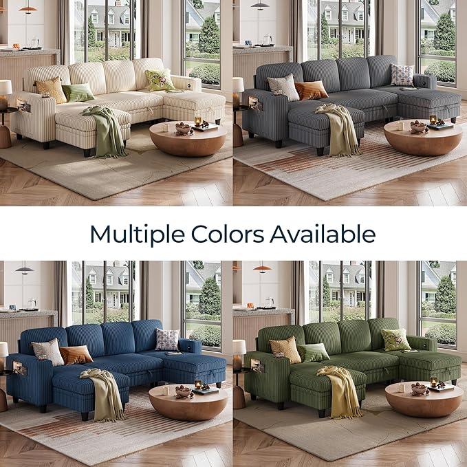 LINSY HOME Sectional Sleeper Sofa with Pull Out Couch Bed - Convertible Plush Corduroy Cloud Couch with Storage Chaise & USB Charging, Comfy U Shaped Modular Couches for Living Room, Green