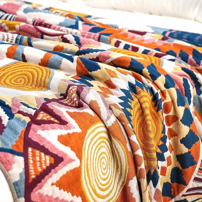 Boho Throw Blanket, 100% Organic Muslin Cotton Breathable Ultra Soft Bed Quilt Throw - All Season Floral Bird Butterfly Farmhouse Decor Blanket for Sofa Couch Chair and Gift. 50