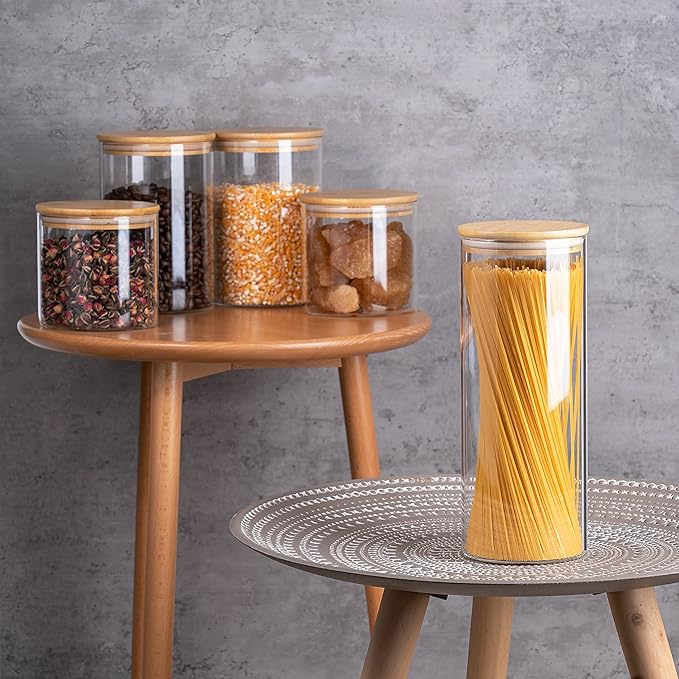 YUNCANG Glass Storage Jars [Set of 5],Clear Glass Food Storage Containers with Airtight Bamboo Lid Stackable Kitchen Canisters for Candy,Cookie,Rice,Sugar,Flour,Pasta,Nuts and Spice Jars