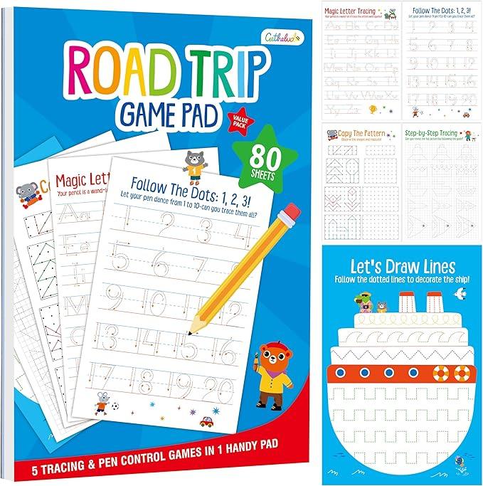 Pen Control & Tracing Activity Pad, 80 Tear-off Sheets Alphabet & Number Handwriting Practice Notepad for Kids, Letters A-Z/Numbers1-20/Patterns Tracing Workbook for Plane, Car Travel, Road Trip