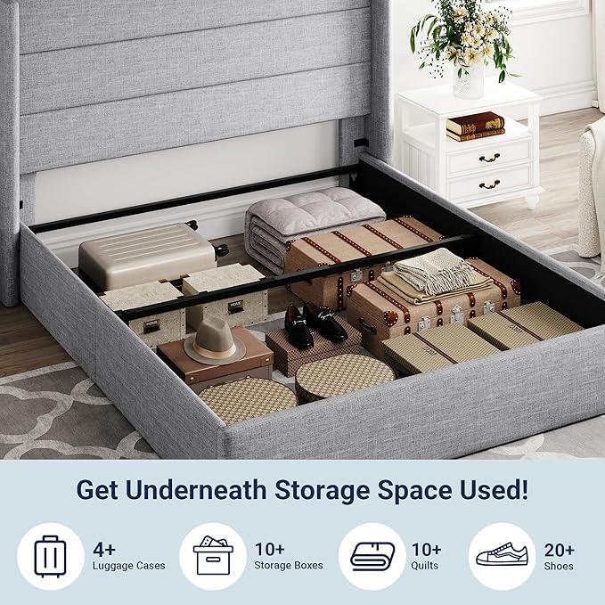 Allewie Full Size Lift Up Storage Bed, Modern Wingback Headboard, Hydraulic Support, No Box Spring Needed, Light Grey
