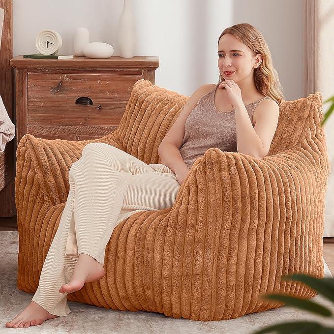 Giant Bean Bag Chairs for Adults Teens, Large Bean Bag Sofa Chairs with Filling Comfy Fuzzy BeanBag Chair with Armrests for Bedroom Living Room Reading (Brown, Large)