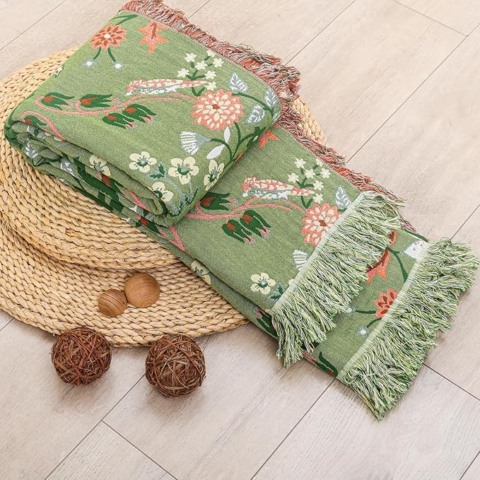 Boho Throw Blanket for Bed, 100% Cotton Ultra Soft Rustic Quilt King Blanket Florals and Animals Printed Farmhouse Decor Large Bed Blankets,90