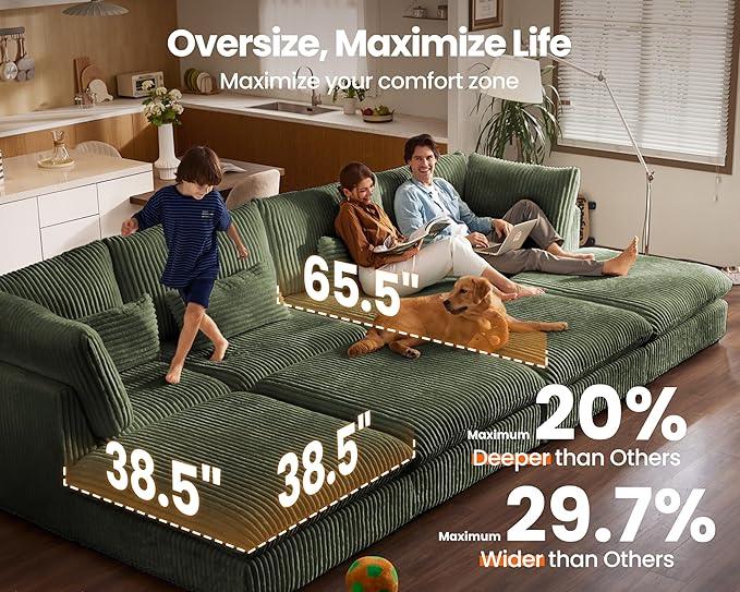 Oversized Modular Sofa, Extra Deep Cloud Corduroy Sectional Couch with Ottoman Chaise, Fluffy Chenille 8 Seater Couch Bed for Living Room, Villa (Sofa Bed 8 Seater, Corduroy Green)
