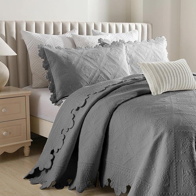 MarCielo 3-Piece 100% Cotton Oversized Bedspread Lightweight Quilt Coverlet Embroidery Farmhouse Bedding Set (Tk Light Grey, Oversized Queen (100