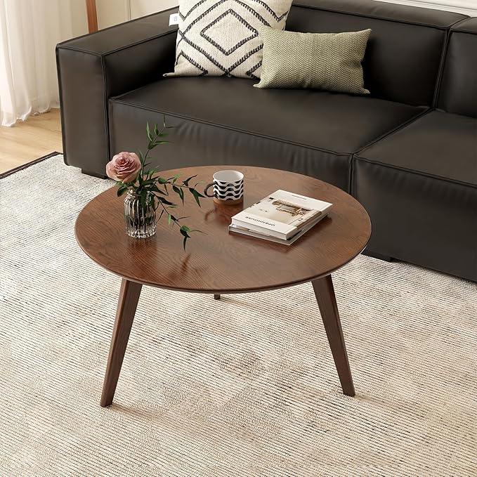 100% Solid Oak Wood Mini Coffee Table, Round Side Table w/Solid Wood Legs, Walnut Mid Century Coffee Table w/Sturdy Frame for Bedroom Balcony Living Room (29.53