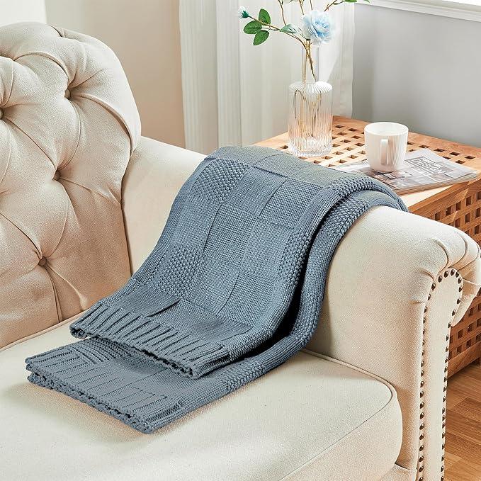 CozeCube Check Knit Throw Blanket, Dusty Blue Checkered Throw for Couch, Decorative Christmas Soft Cozy Warm Knitted Blanket for Bed Sofa Living Room, 50