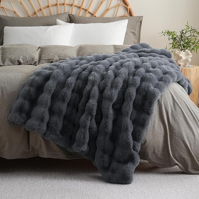 BENVWE Faux Fur Throw Blanket for Couch Bed - Fluffy Soft Thick Bubble Blanket for Living Room Home Decor - Fathers Day Birthday Gifts for Women Men, Grey, 63