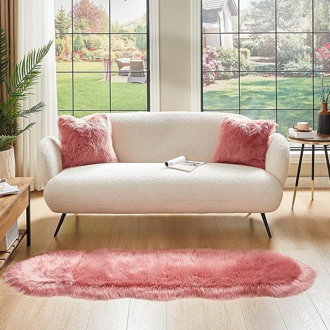 AMTOVO Faux Sheepskin Rug, Blush Pink Ultra Soft Fluffy Shag Area Rug, 2 x 6 ft Faux Fur Rug for Bedroom Sofa Throw Cushion Room Decor, Sheepskin