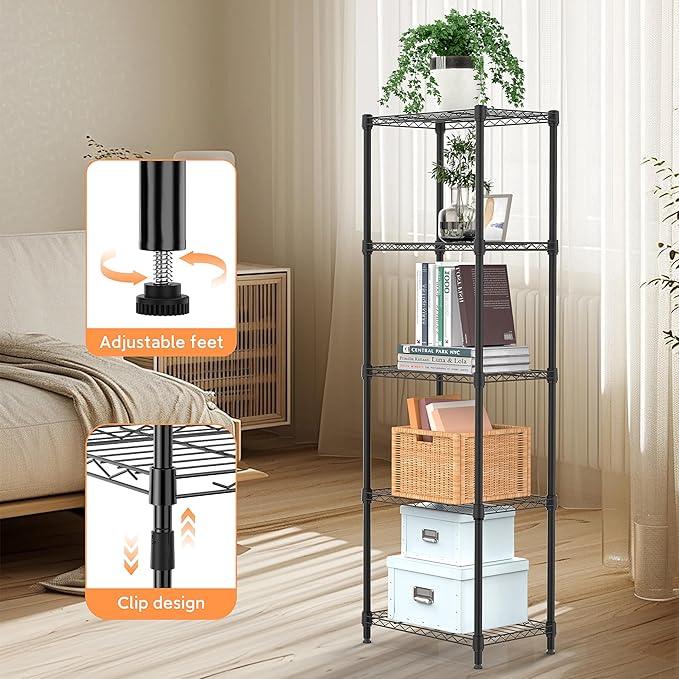 5 Tiers Shelf Metal Storage Shelves Wire Rack Closet Organizers with Wheel for Garage Kitchen Bathroom Laundry Black 11.8