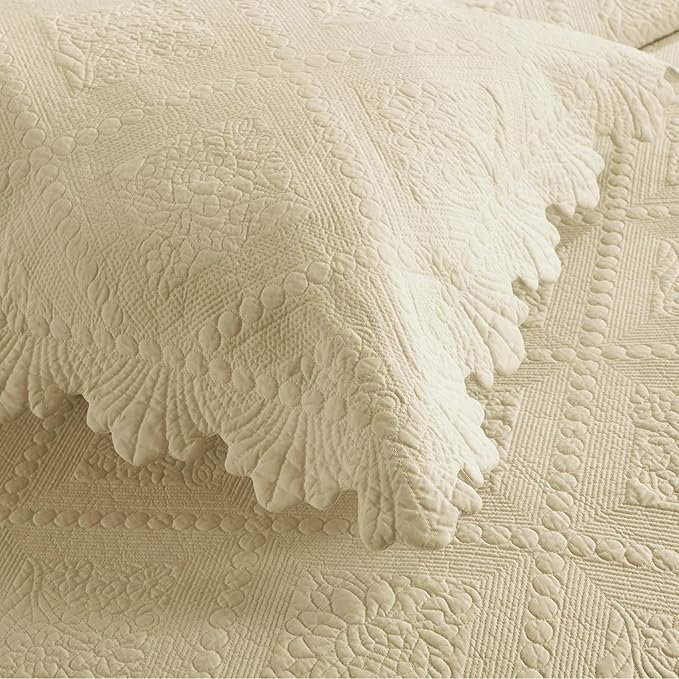 MarCielo 3-Piece 100% Cotton Oversized Bedspread Lightweight Quilt Coverlet Embroidery Farmhouse Bedding Set (Tk Beige Khaki, Oversized Queen (100