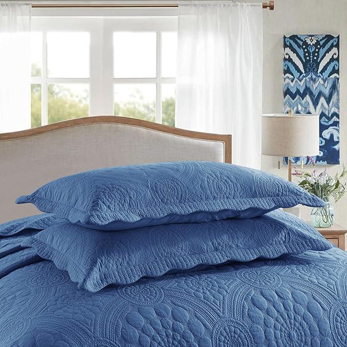 MarCielo 3-Piece 100% Cotton Oversized Bedspread Lightweight Quilt Coverlet Embroidery Farmhouse Bedding Set (Tf Midtone Blue, Oversized King (118