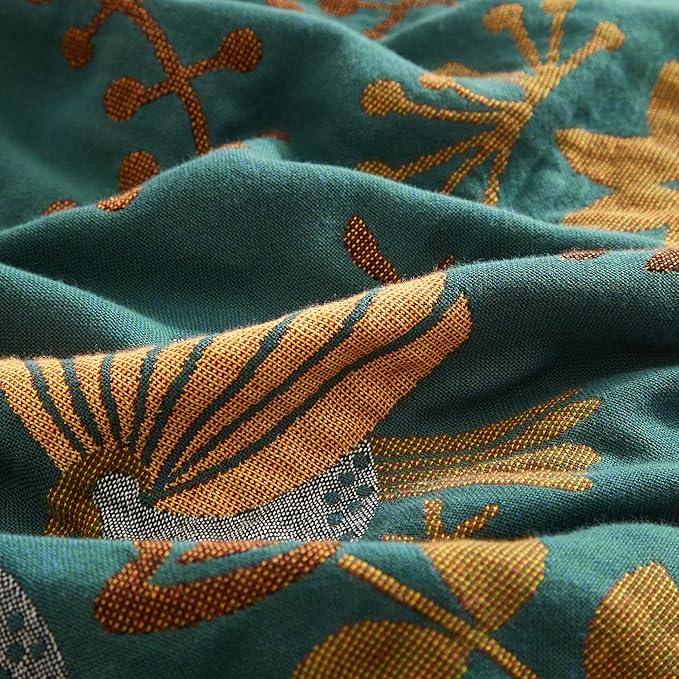 Boho Throw Blanket for Couch Sofa Bed, 100% Cotton Woven Quilt with Tassel 80”x90”, Super Soft Muslin Blanket with Bird Printed, Decorative Reversible Bed Blanket/Cover for All Seasons