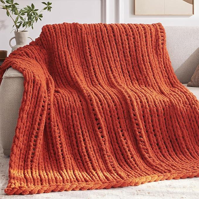 Chunky Knit Throw Blanket, 40''*50'' Fall Throw Blanket Knitted Chenille Yarn for Bed Couch, Handmade Orange Crochet Big Thick Blanket, Machine Washable Cute Comfy Blankets for Home Decor