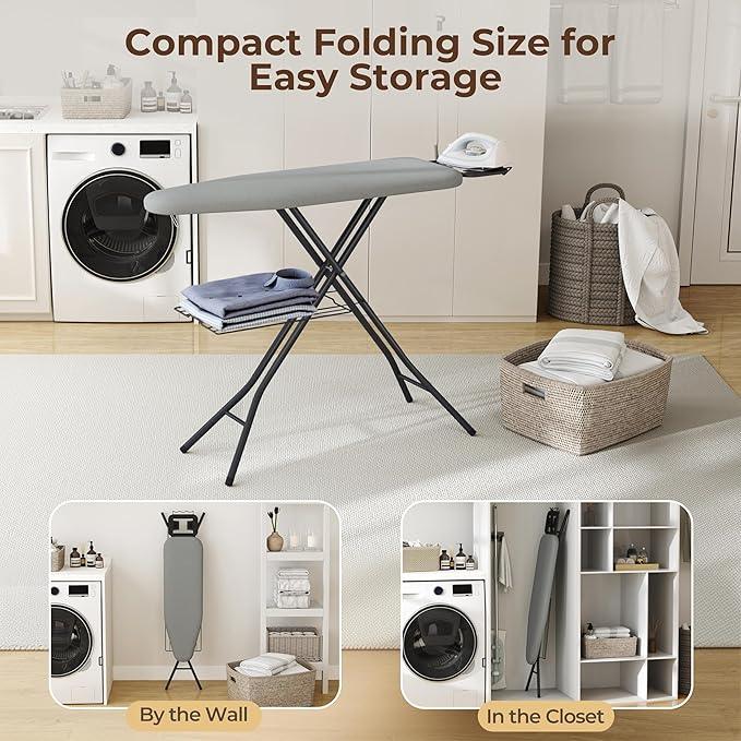 Yaheetech Ironing Board, Compact Iron Board with Cord Holder, Steam Iron Rest and Bottom Storage Tray, 9 Adjustable Heights & 3 Layer Cover, Folding Heavy Duty Ironing Board 52X14, Gray