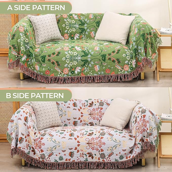 Boho Throw Blanket for Bed, 100% Cotton Ultra Soft Rustic Quilt King Blanket Florals and Animals Printed Farmhouse Decor Large Bed Blankets,90