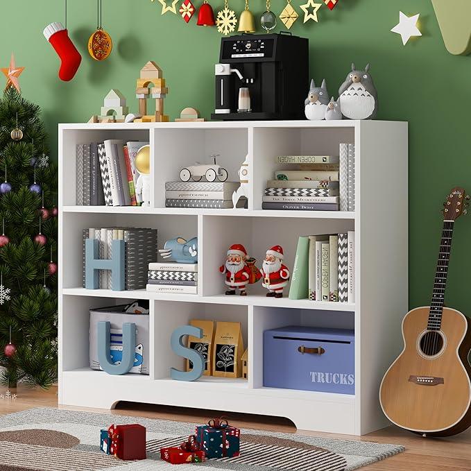 Book Shelf, 8 Cubes Storage Organizer, 3-Tier Open Shelf Wooden Bookcase, Freestanding White Bookshelf Cube Shelf for Bedroom, Living Room, Home Office