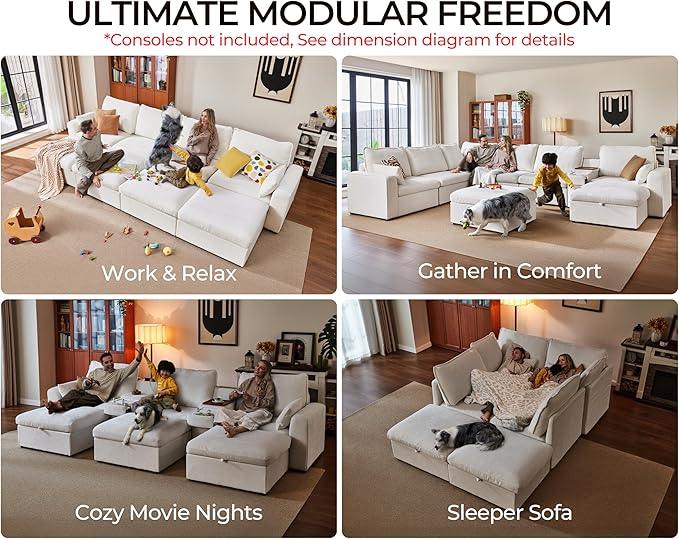 Oversized Modular Sofa Comfy Cloud Couch with Storage, Extra Deep Plush Sectional Sofa Set for Living Room, Covers Washable, Chenille, Olar (White, 3-Seater, Basic Shape)