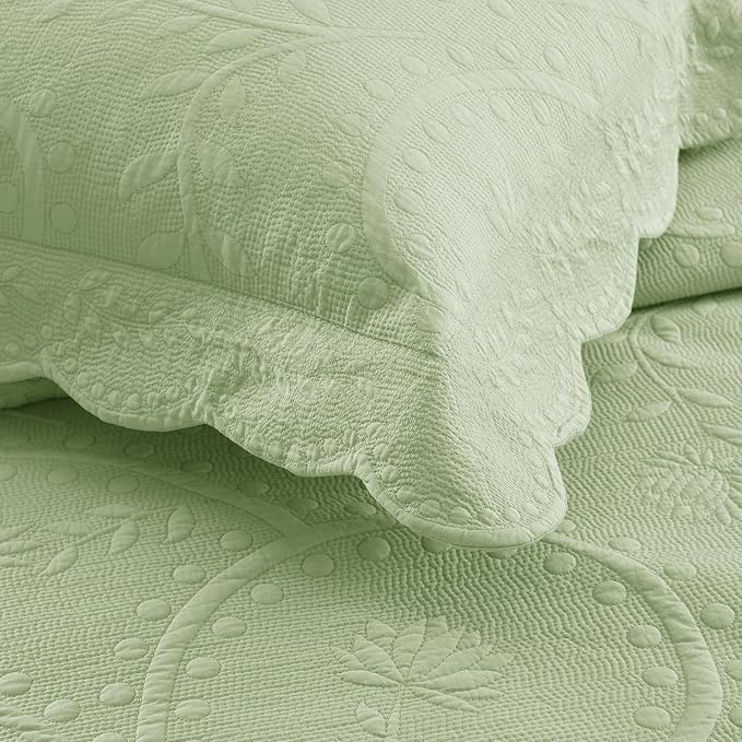 MarCielo 3-Piece 100% Cotton Oversized Bedspread Lightweight Quilt Coverlet Embroidery Farmhouse Bedding Set (TX Pale Green, Oversized Queen (100