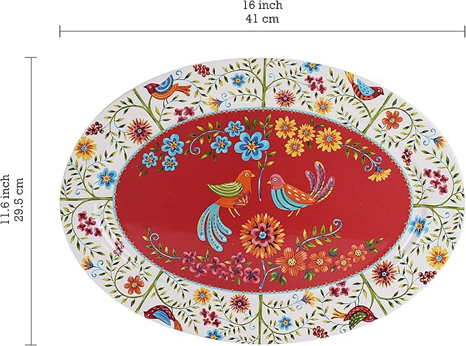 Bico Red Spring Bird Ceramic 16 inch Oval Platter, Microwave & Dishwasher Safe