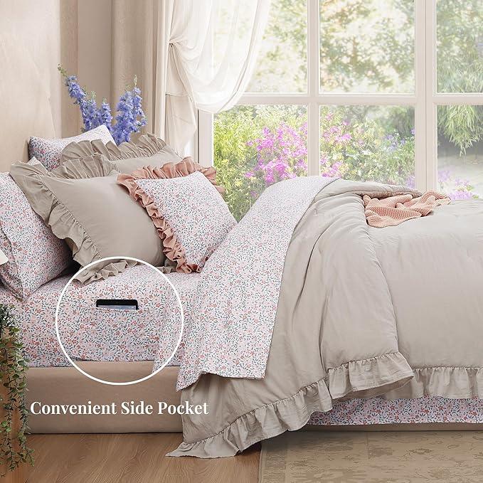 King Comforter Set - 7 Pieces Ruffle Beige Bedding Sets, Shabby Chic Farmhouse Bed in a Bag King with Ruffle Comforter, Floral Sheets, Pillowcases & Shams