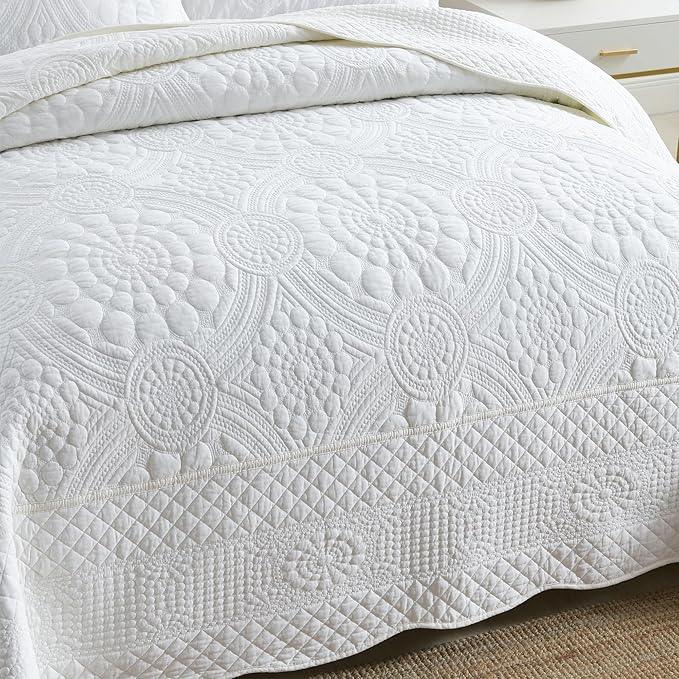 MarCielo 3-Piece 100% Cotton Oversized Bedspread Lightweight Quilt Coverlet Embroidery Farmhouse Bedding (Tf Bright White, Oversized Queen (100