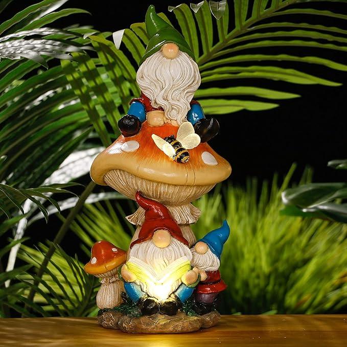 TERESA'S COLLECTIONS Garden Gnomes Statues Decorations for Yard with Solar Lights, Resin Sculptures& Statues on Mushroom Reading Garden Outdoor for Patio Lawn Ornaments,Ideal Gifts for Mom, 12.6
