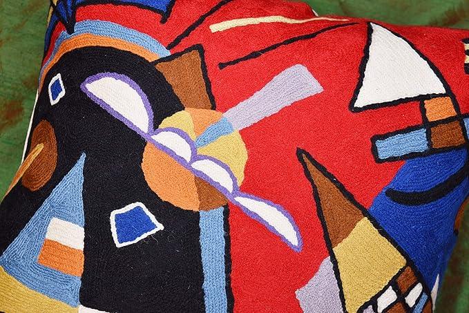 Kandinsky Contemporary Throw Pillow Cover - Bright | Red Modern Pillow Cases | Abstract Accent Pillows | Contemporary Couch Cushions | Hand Embroidered Cushion | Wool Size 18x18