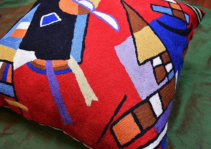 Kandinsky Contemporary Throw Pillow Cover - Bright | Red Modern Pillow Cases | Abstract Accent Pillows | Contemporary Couch Cushions | Hand Embroidered Cushion | Wool Size 18x18