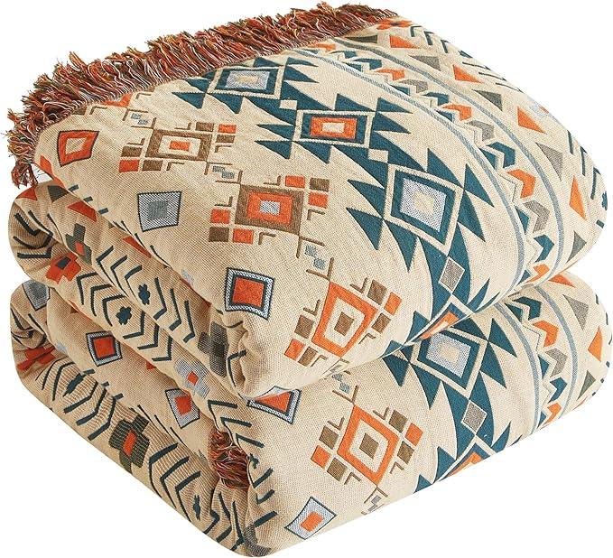 Boho Throw Blanket for Bed 80”x90”, 100% Cotton Woven Blanket for Couch Sofa, Ultra Soft 4-Layer Muslin Quilt with Diamond Pattern, Farmhouse Bed Blanket/Cover for Living Room Decor