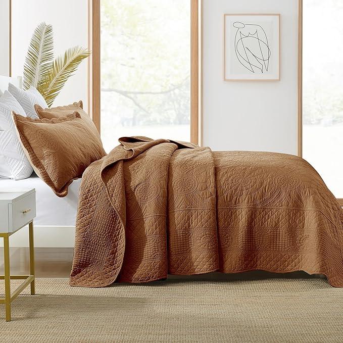 MarCielo 3-Piece 100% Cotton Oversized Bedspread Lightweight Quilt Coverlet Embroidery Farmhouse Bedding Set (Tf Dusty Orange, Oversized Queen (100