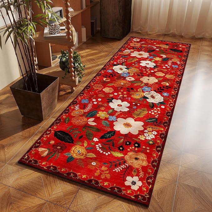 Runner Rug for Hallways Kitchen Rug Non Slip 2'6''x8' Washable Runner Rugs with Rubber Backing Soft Floral Carpet Runner for Hallways, Kitchen, Laundry, Bedroom, Bathroom(Red)
