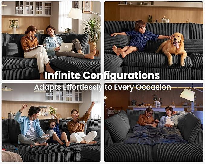 Oversized Modular Sofa, Extra Deep Cloud Corduroy Sectional Couch with Ottoman Chaise, Fluffy Corduroy 5 Seater Sofa Bed for Living Room, Villa (U Shape 5 Seater, Corduroy Black)
