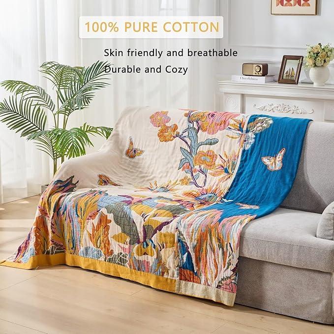 100% Muslin Throw Blanket for Couch, Butterfly and Floral Double Embroidery Summer Throw Blanket 60