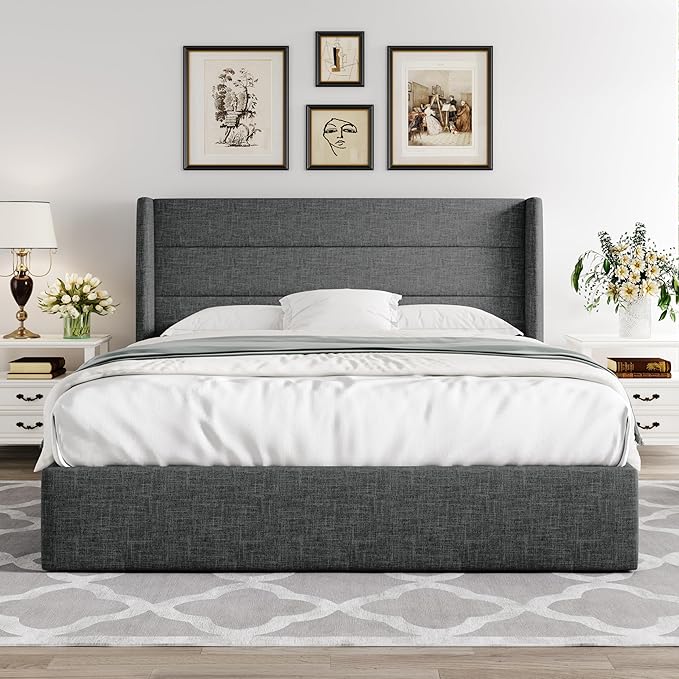 Allewie Queen Size Lift Up Storage Bed, Modern Wingback Headboard, Hydraulic Support, No Box Spring Needed, Dark Grey