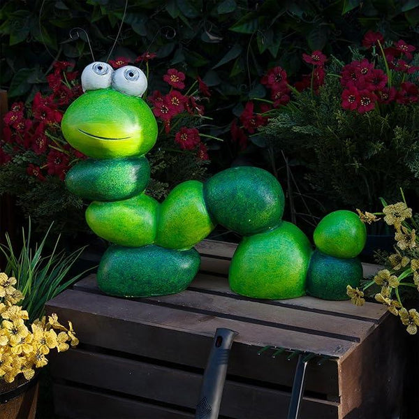 Alpine Corporation YEN608SLR Caterpillar Statue with Light Up Eyes, Solar Powered LED Caterpillar Garden Statue, 16