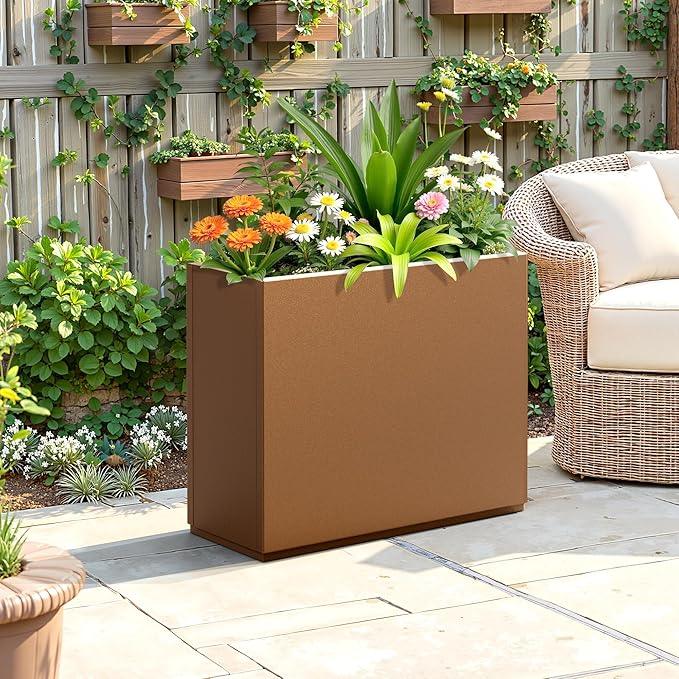 FENCY Metal Planter Box, Large Rectangular Planters for Outdoor Plants, Outdoor Tall Planters with Drainage Holes, Brown Metal Planters (30