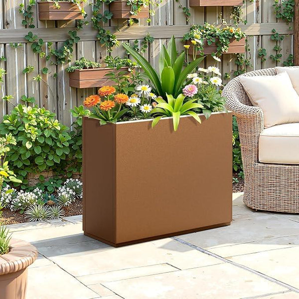 FENCY Metal Planter Box, Large Rectangular Planters for Outdoor Plants, Outdoor Tall Planters with Drainage Holes, Brown Metal Planters (30