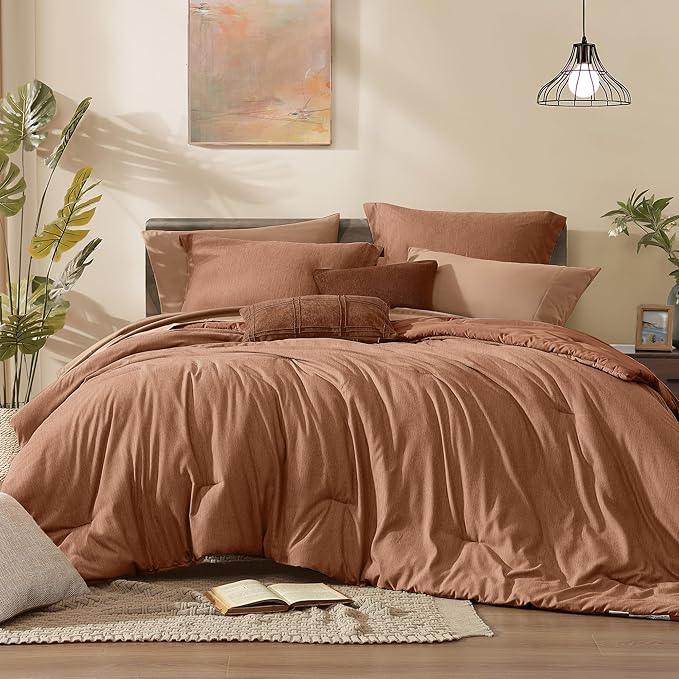 Monbix Queen Comforter Set - 7 Pieces Cationic Dyeing Autumn Leaf Bed in a Bag Queen Bedding Sets with Comforter, Sheets, Pillowcases & Shams, Reversible Bedding Comforters Sets