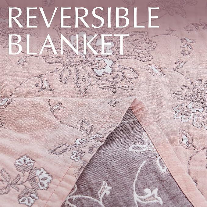 jinchan Boho 100% Cotton Muslin Twin Size 60x80 Inches Blanket Lightweight 4-Layer Quilted Soft Pink Red Floral Throw Blanket Reversible Comfy Flower Breathable All Seasons Couch Bedroom Decor