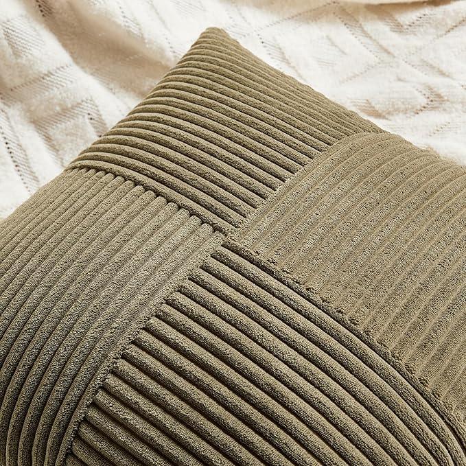 Fancy Homi 2 Packs Olive Green Long Lumbar Decorative Throw Pillow Covers 16x24 Inch for Couch Bed Sofa, Rustic Farmhouse Boho Home Decor, Soft Striped Corduroy Rectangle Accent Cushion Case 40x60 cm