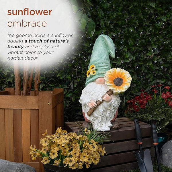 Alpine Corporation MCC842 Indoor/Outdoor Gnome Holding Sunflower Garden Statue, Charming Gnome Statue w/Hat, 21