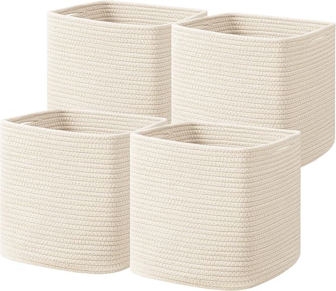 joybest Cube Storage Bins Set of 4, 11inch Cube Baskets Organizer for Nursery, Square Cotton Rope Baskets for Shelves Organizing, Kids Toy, Closet Storage, Beige