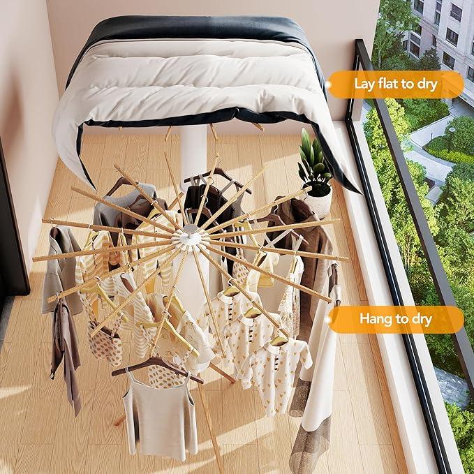 Clothes Drying Rack Tripod,Drying Rack Clothing,Laundry Drying Rack,Floor Standing,16 Wooden Poles,Collapsible Drying Racks for Laundry,Retractable,Foldable,Folding