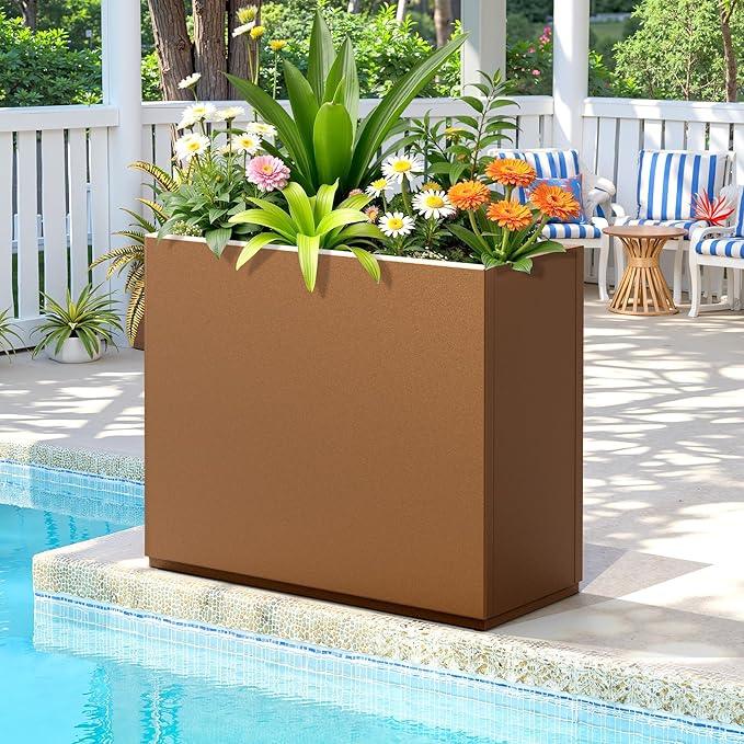 FENCY Metal Planter Box, Large Rectangular Planters for Outdoor Plants, Outdoor Tall Planters with Drainage Holes, Brown Metal Planters (30