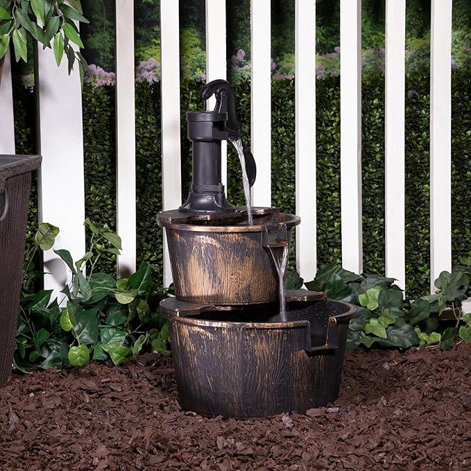 Alpine Corporation 2-Tiered Barrel and Pump Water Fountain – Bronze Finish, Relaxing Water Flow, Ideal for Garden, Patio, & Yard Décor, 27