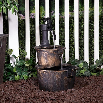 Alpine Corporation 2-Tiered Barrel and Pump Water Fountain – Bronze Finish, Relaxing Water Flow, Ideal for Garden, Patio, & Yard Décor, 27