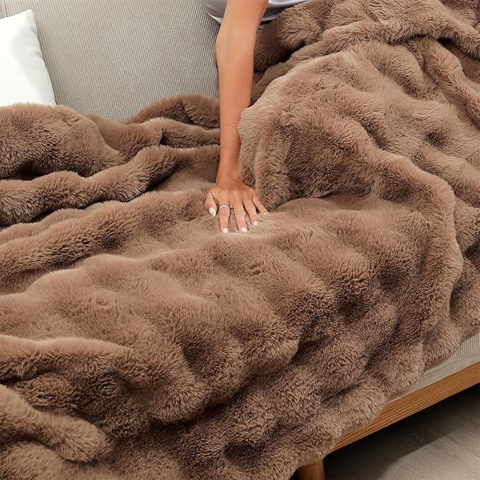 RYNGHIPY Faux Rabbit Fur Throw Blanket Ruched Plush Fuzzy Blanket for Couch Bed Sofa Heavy Warm Comfy Throws for Living Room Bedroom Machine Washable (Solid Brown, 63''x79'')