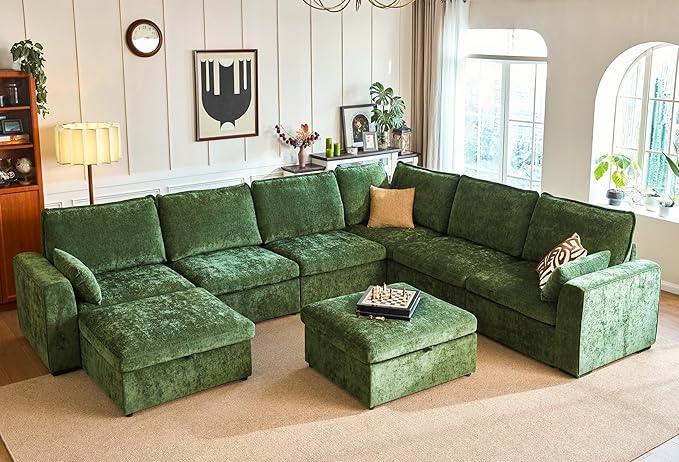 Oversized Modular Sofa Comfy Cloud Couch with Storage, Extra Deep Plush Sectional Sofa Set for Living Room, Covers Washable, Chenille, Olar (Green, 8-Seater with Corner & 2 Ottomans, u-Shaped)